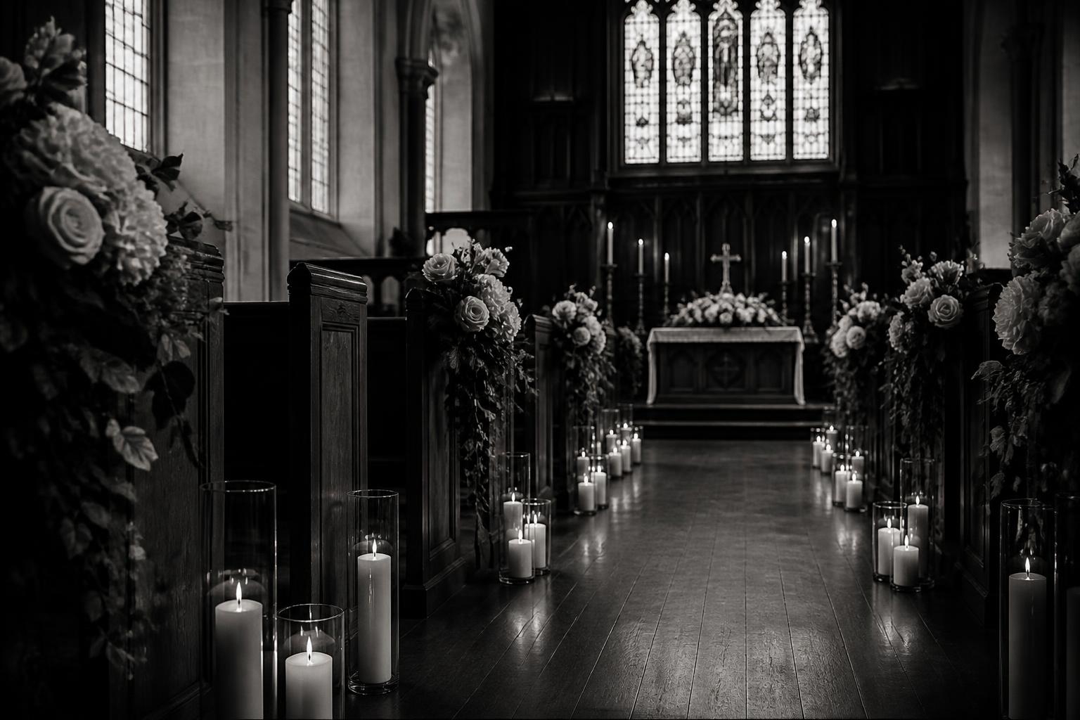 Candlelit chapel aisle lined with white roses before the ceremony begins