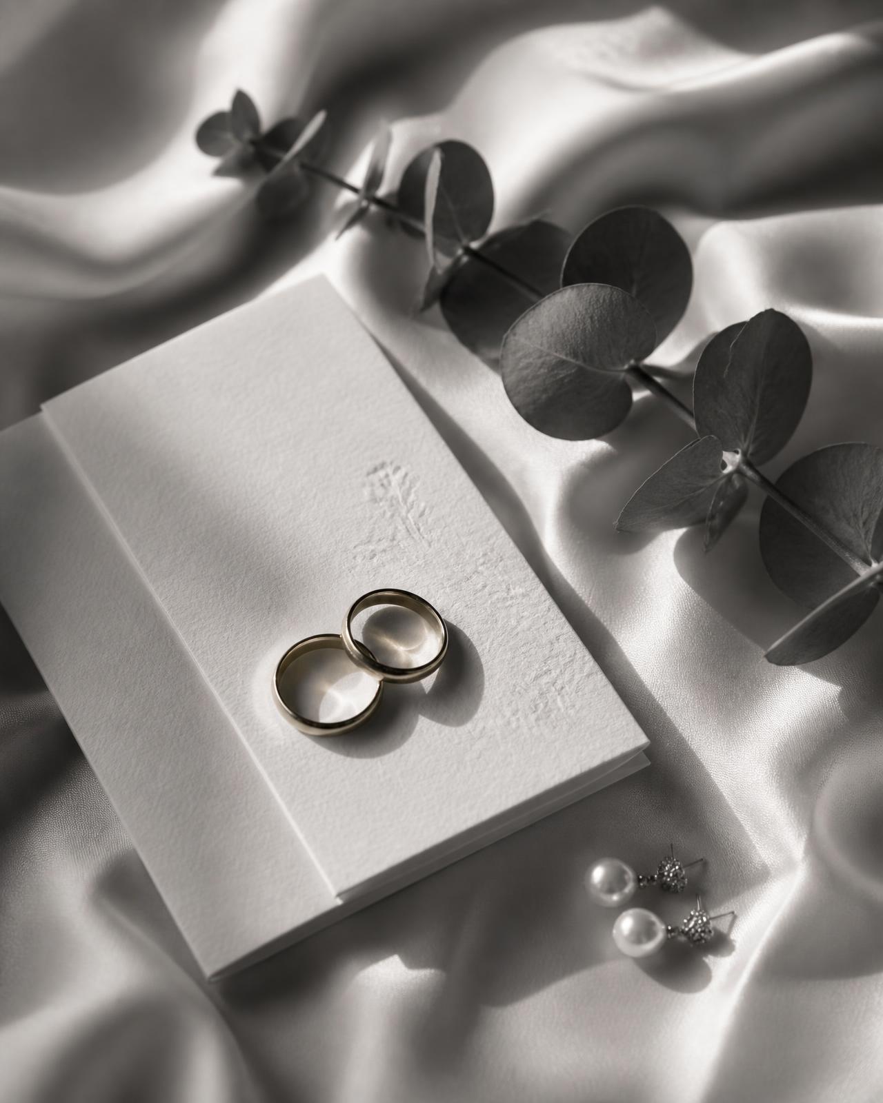 Two gold wedding bands resting on a letterpress invitation with eucalyptus and pearl earrings